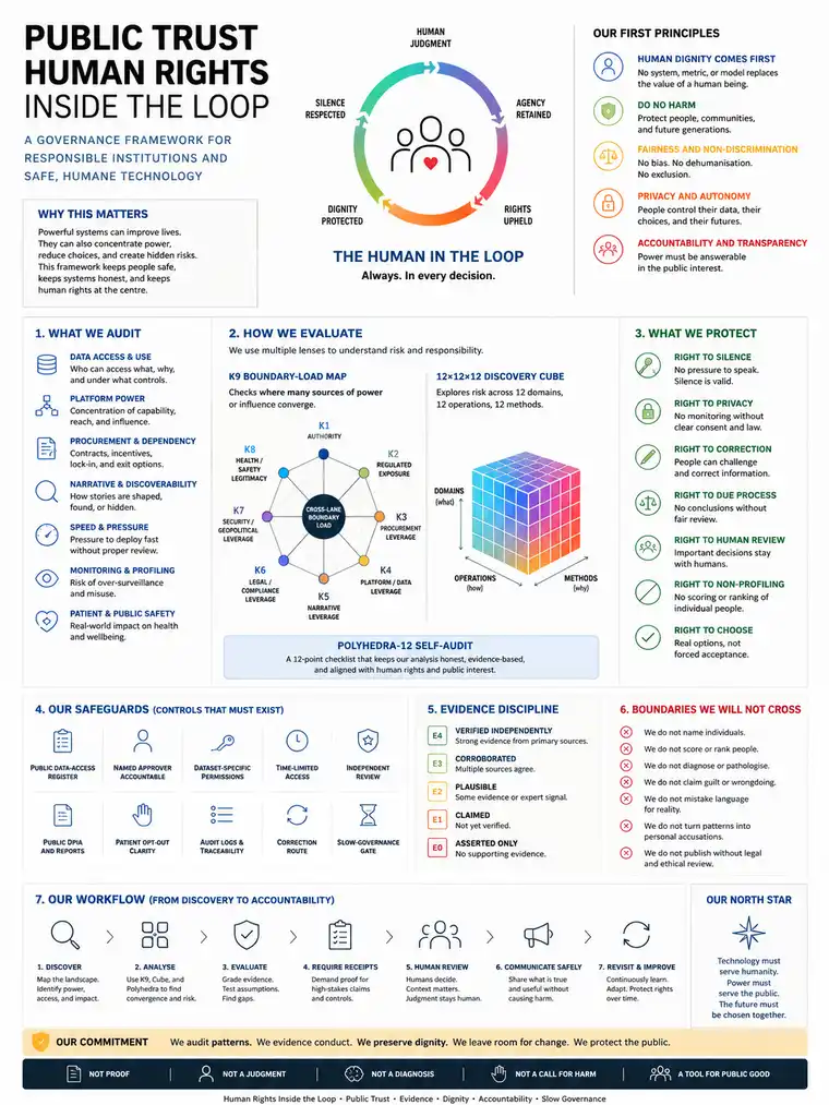 Visual systems map linking public trust, human rights, oversight, and automated decision loops.