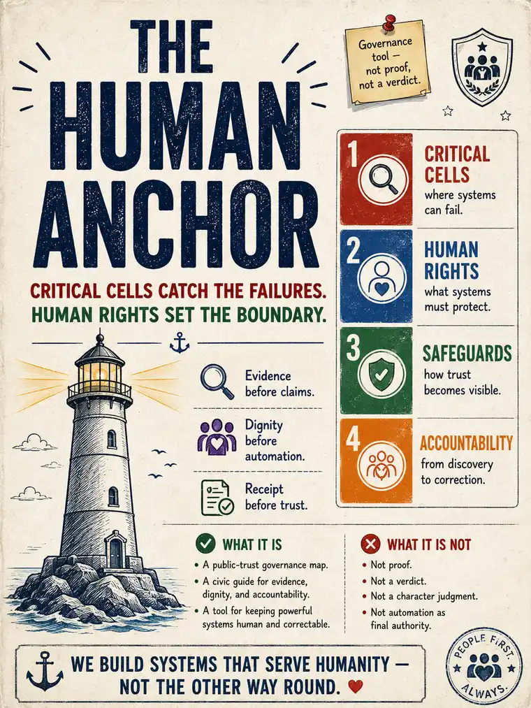 Visual governance map showing a human anchor at the centre of public trust, rights, and system accountability.